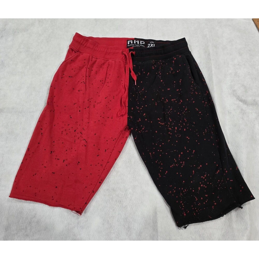 AHP Streetwear Split Color Paint Splatter Raw Hem Fleece Shorts Mens 2XL